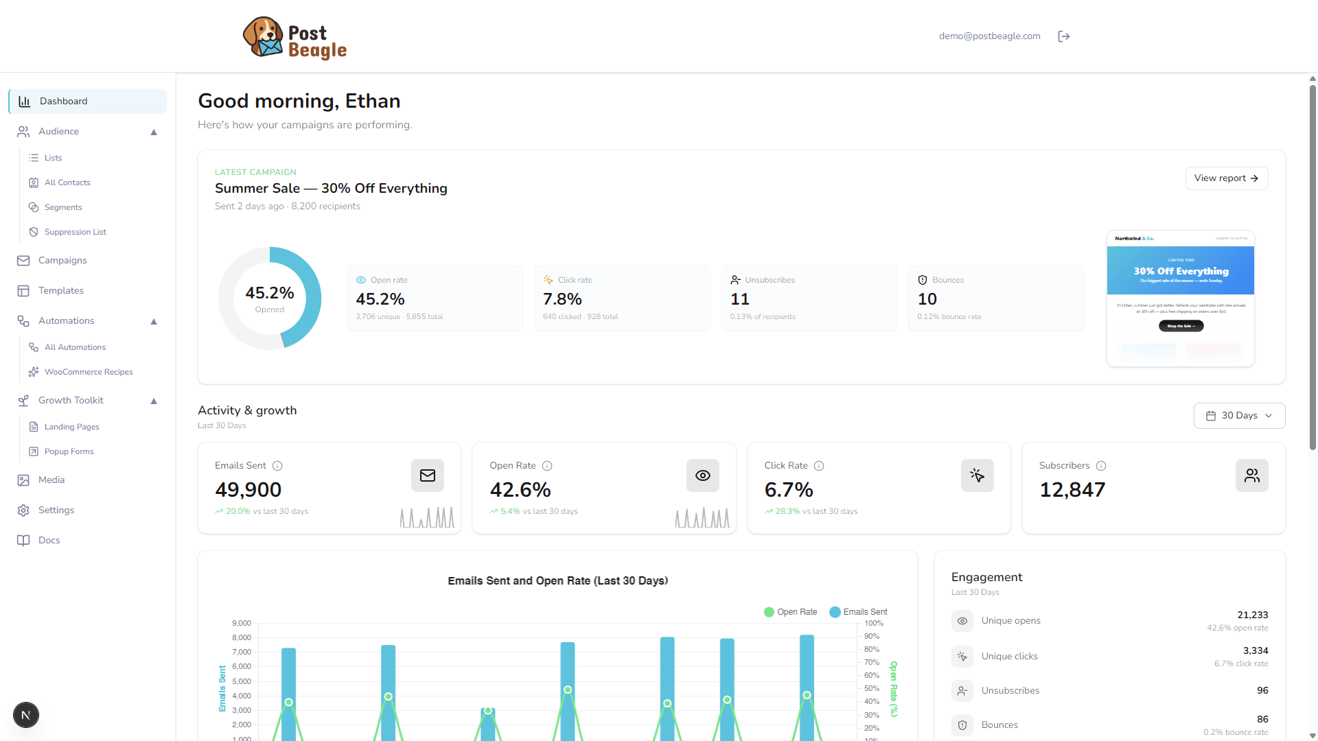 PostBeagle dashboard showing campaign analytics